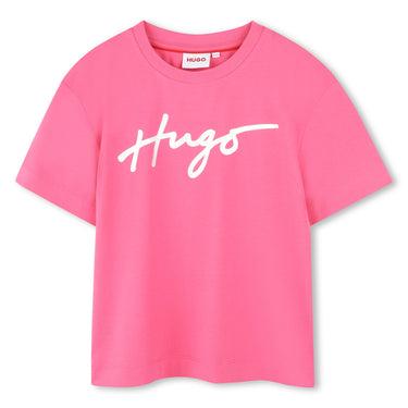 HUGO Playera para niña y adolescente, rosa print blanco